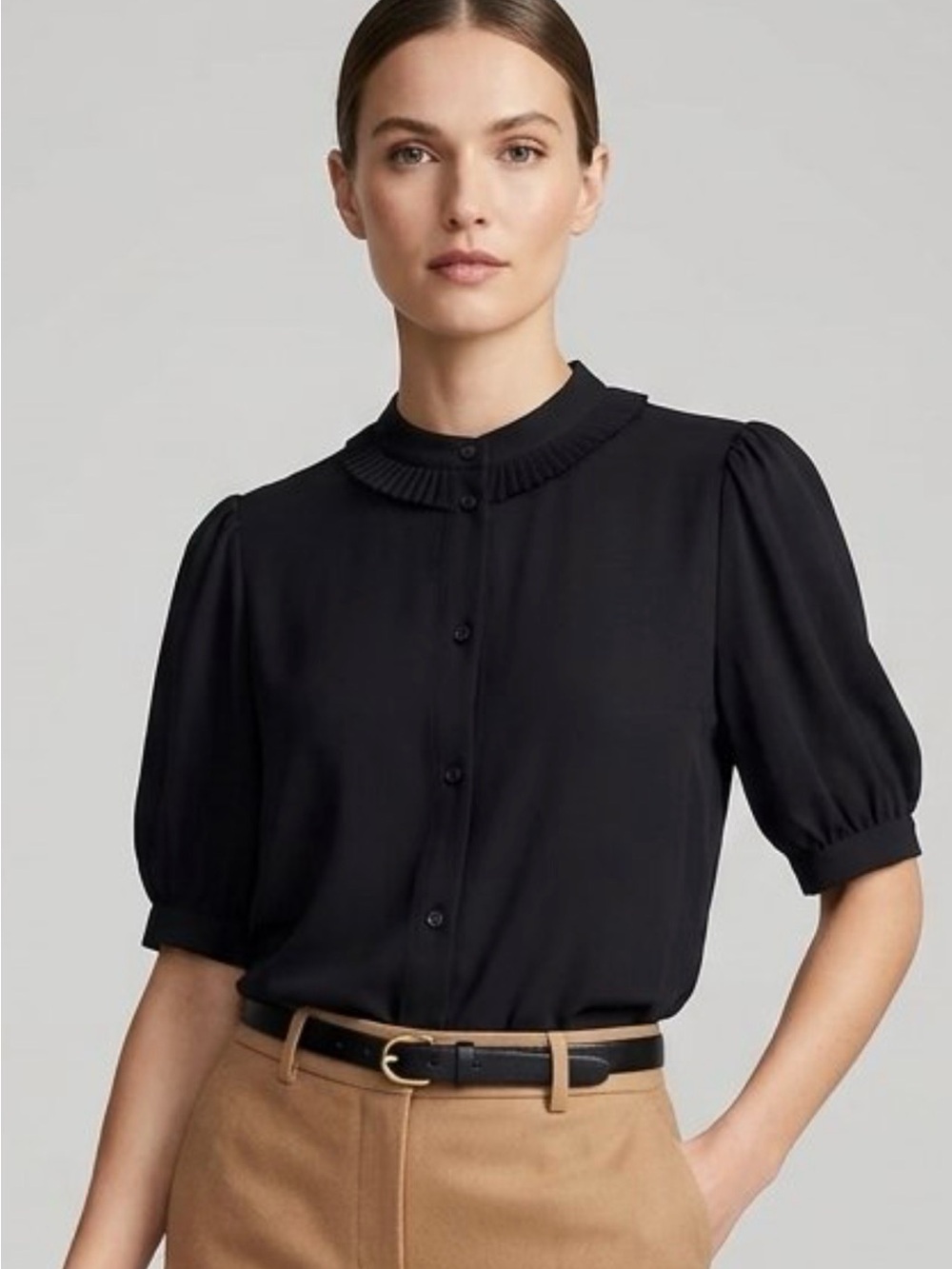 J.Crew Sheer Black Blouse Pleated Collar Large